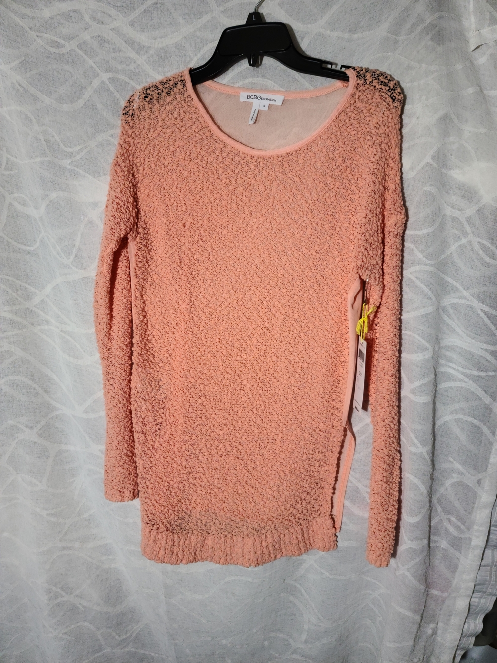 BCBGeneration Peach Textured Long-Sleeve Sweater with Metallic Shoulder Detail